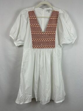Madewell White Mini Dress with Rust Embroidered Yoke sz S boho coastal